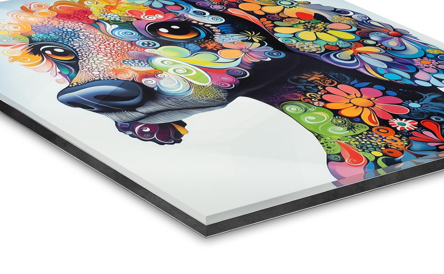 Hund Motiv im detailreichen psychedelischen Pop-Art Stil als hochwertiger Kunstdruck hinter 2mm Acrylglas auf Alu-Dibond.