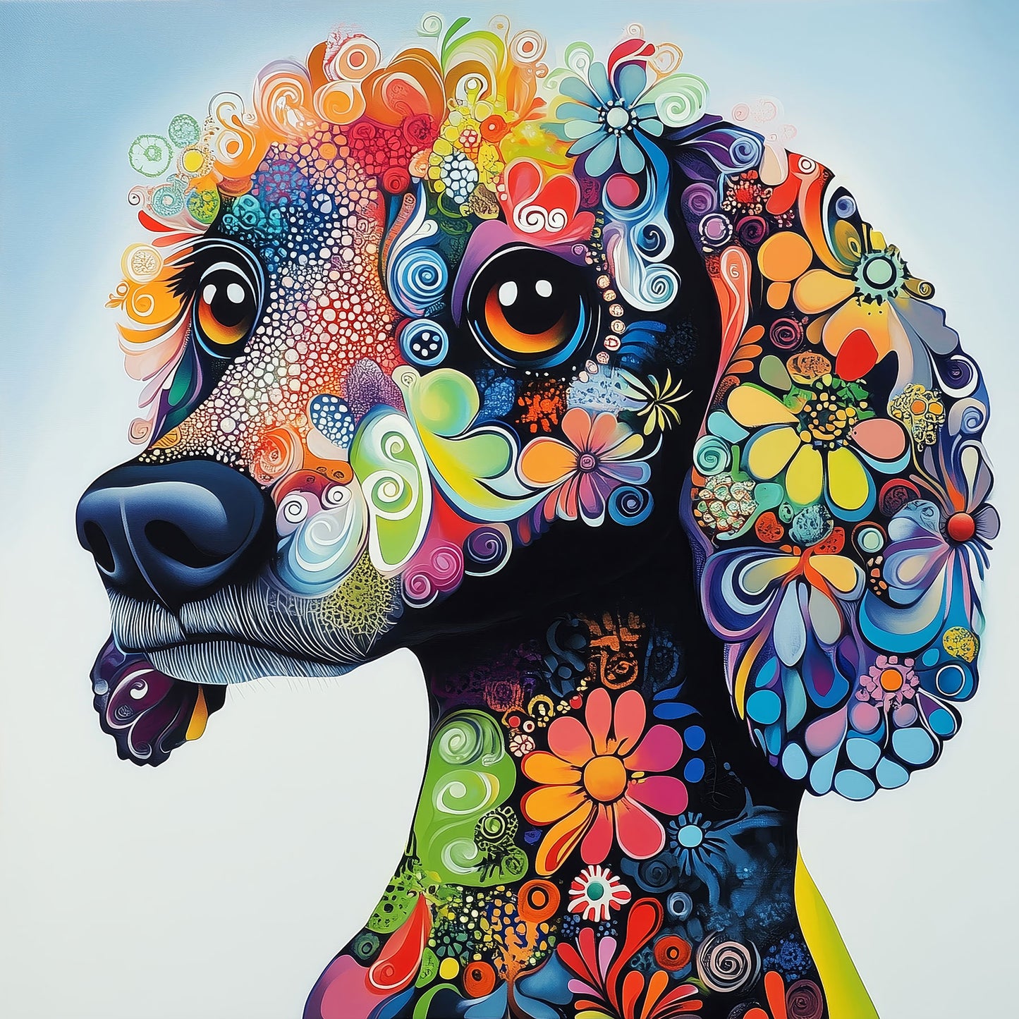 Pudel-Motiv im detailreichen psychedelischen Pop-Art Stil als hochwertiger Kunstdruck auf Leinwand, Alu-Dibond oder hinter Acrylglas online kaufen.