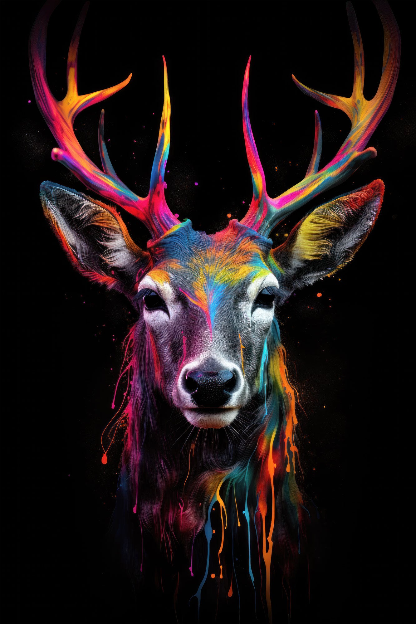 Modernes Hirsch Wandbild in bunten Neonfarben als hochwertiger Kunstdruck auf Leinwand, Alu-Dibond oder hinter Acrylglas.