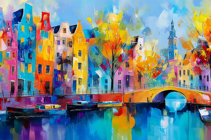 Modernes farbenfrohes Amsterdam Gemälde als hochwertiger Kunstdruck. Jetzt als Poster oder Wandbild bestellen, z.B. auf Leinwand, Alu-Dibond oder hinter Acrylglas. 