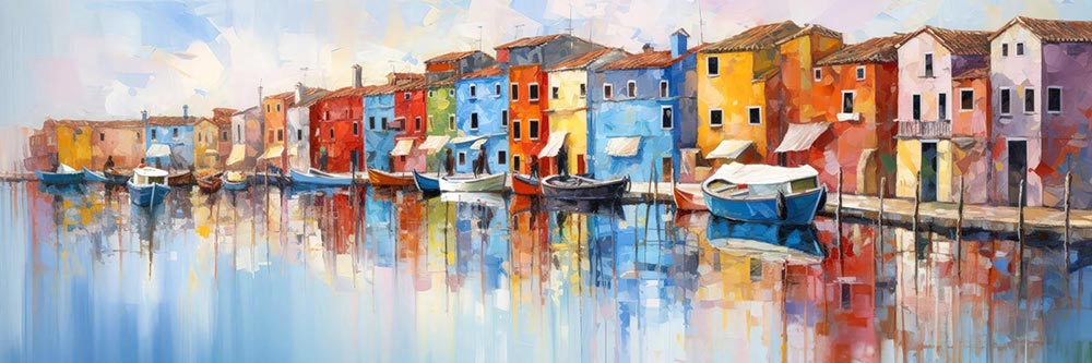 Venedig - Burano Panoramagemälde als hochwertiger Kunstdruck auf Leinwand, Alu-Dibond oder hinter Acrylglas.