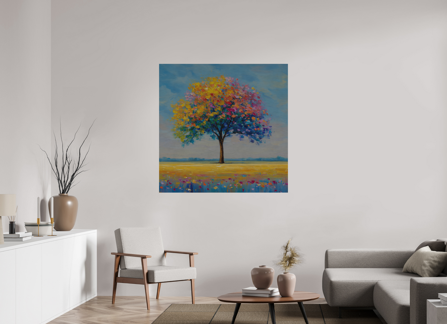 120 x 120 cm, Alu Dibond gebürstet Baum mit bunten Blättern