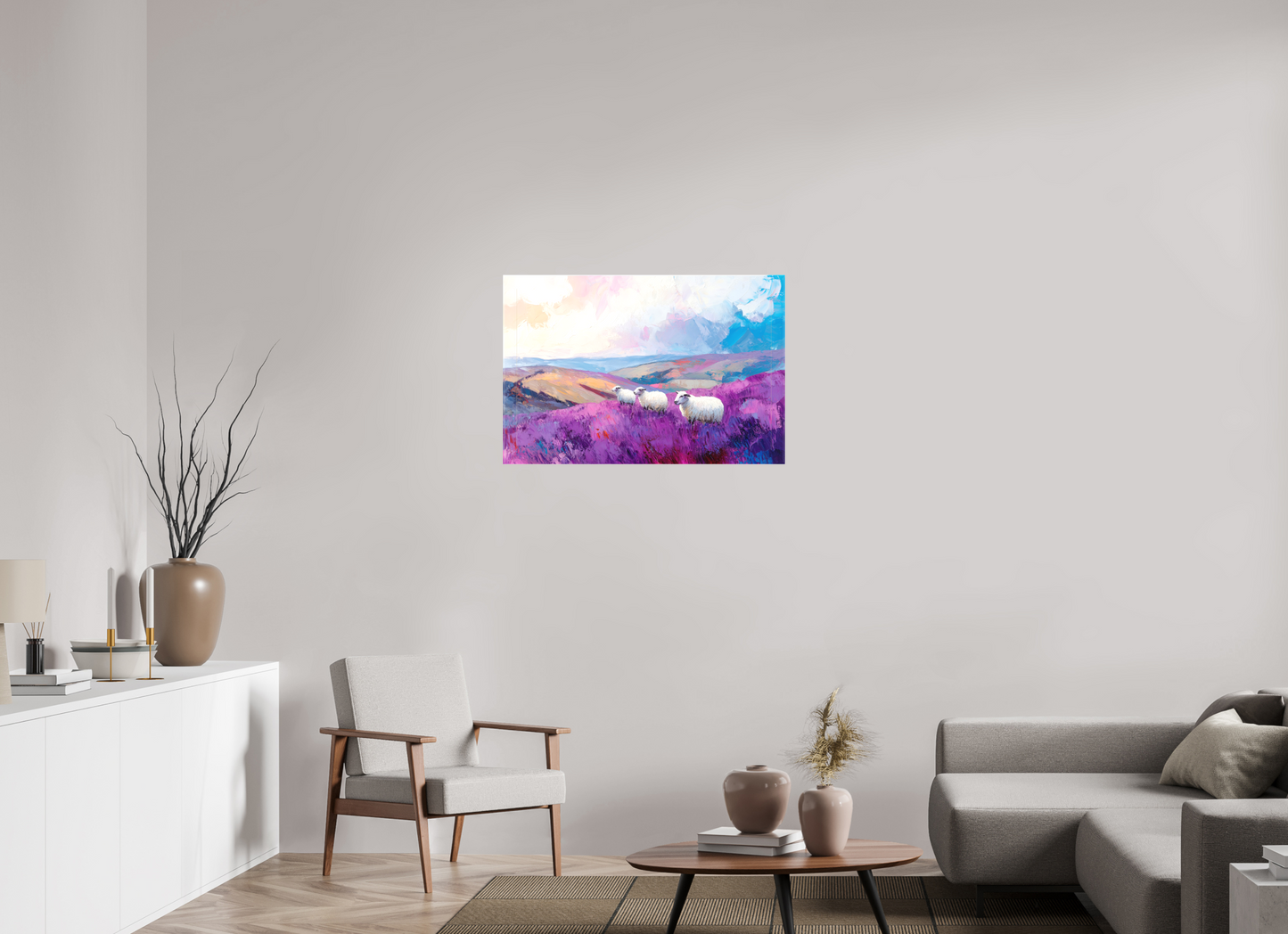 90 x 60 cm, Leinwand Schafe in einer Heidelandschaft