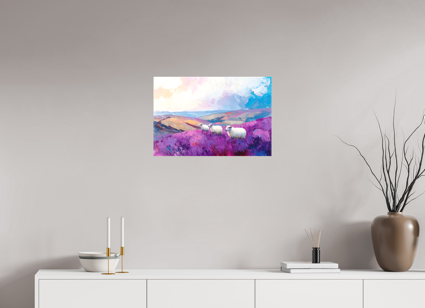 60 x 40 cm, Leinwand Schafe in einer Heidelandschaft