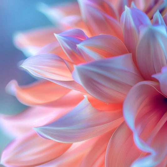 Dahlienblüte - Botanischer Kunstdruck im Stil einer Makrofotografie. Entdecke dieses moderne Kunstwerk in zarten Pastelltönen für eine stilvolle Wandgestaltung, auf Leinwand, hinter Acrylglas, auf Alu-Dibond.