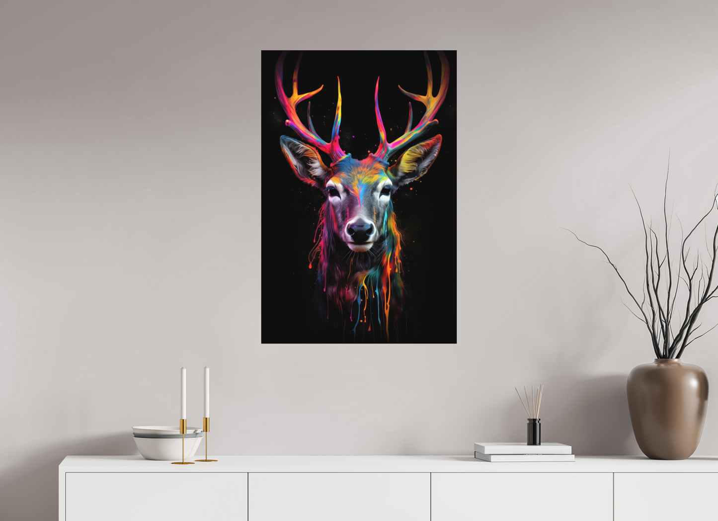 60 x 90 cm, Alu Dibond Bunter Hirsch in Neon-Farben