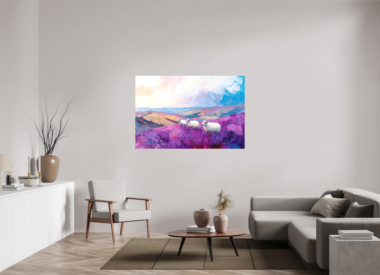 150 x 100 cm, Leinwand Schafe in einer Heidelandschaft