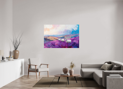 150 x 100 cm, Forex Schafe in einer Heidelandschaft