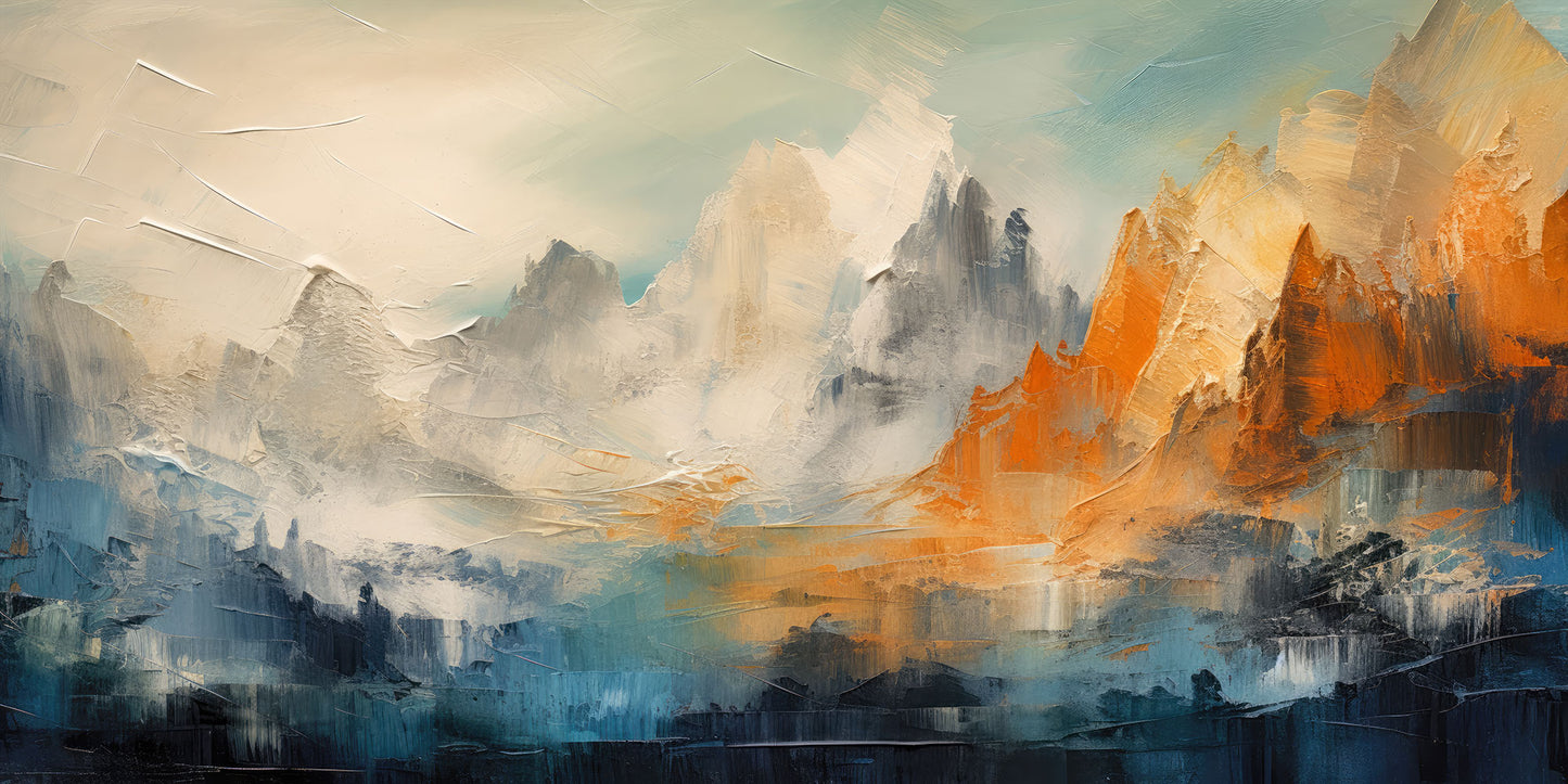 Abstraktes Alpengemälde „Dolomiten“ im modernen Malstil mit warmen Erdtönen als hochwertiger Kunstdruck auf Leinwand, Alu-Dibond oder hinter Acrylglas online kaufen.
