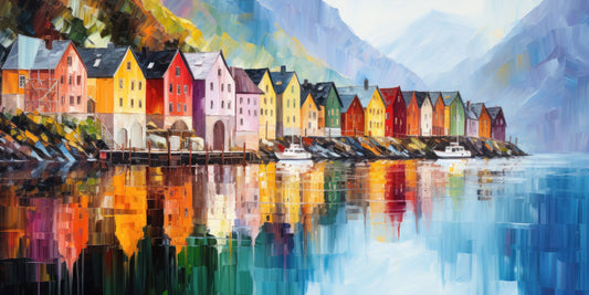 Norwegen Fjord Motiv im Stil eines impressionistischen Spachtel-Gemäldes als hochwertiger Kunstdruck auf Leinwand, Alu-Dibond oder hinter Acrylglas online kaufen.