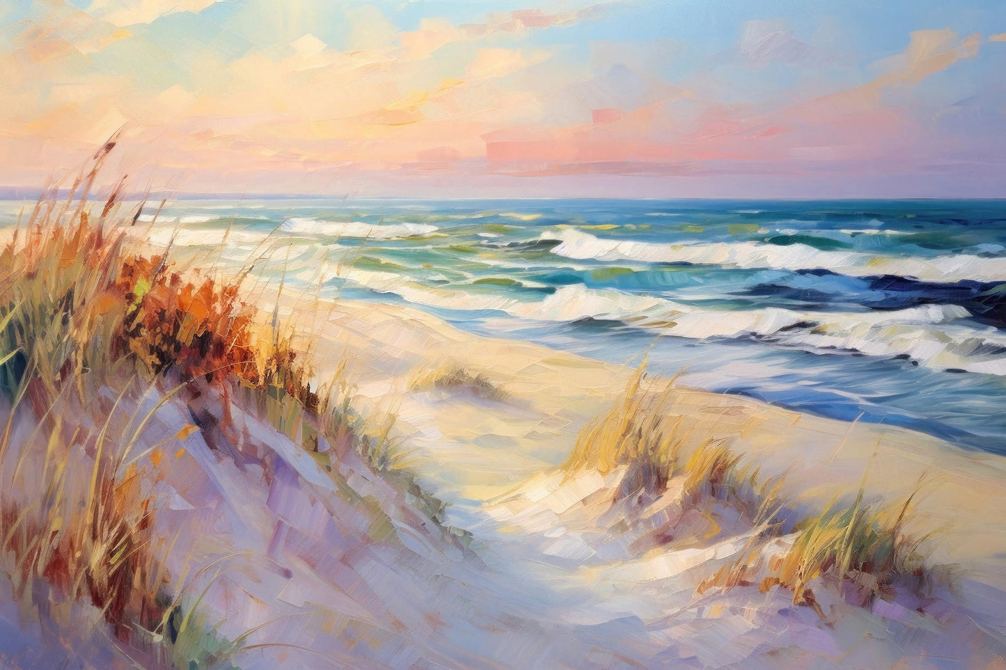 Modernes impressionistisches Gemälde einer weiten Dünenlandschaft an der Nordsee als hochwertiger Kunstdruck auf Leinwand, Alu-Dibond oder hinter Acrylglas.