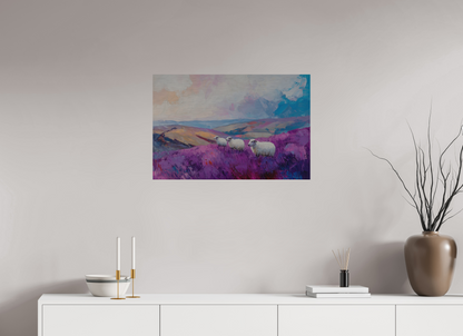 75 x 50 cm, Alu Dibond gebürstet Schafe in einer Heidelandschaft