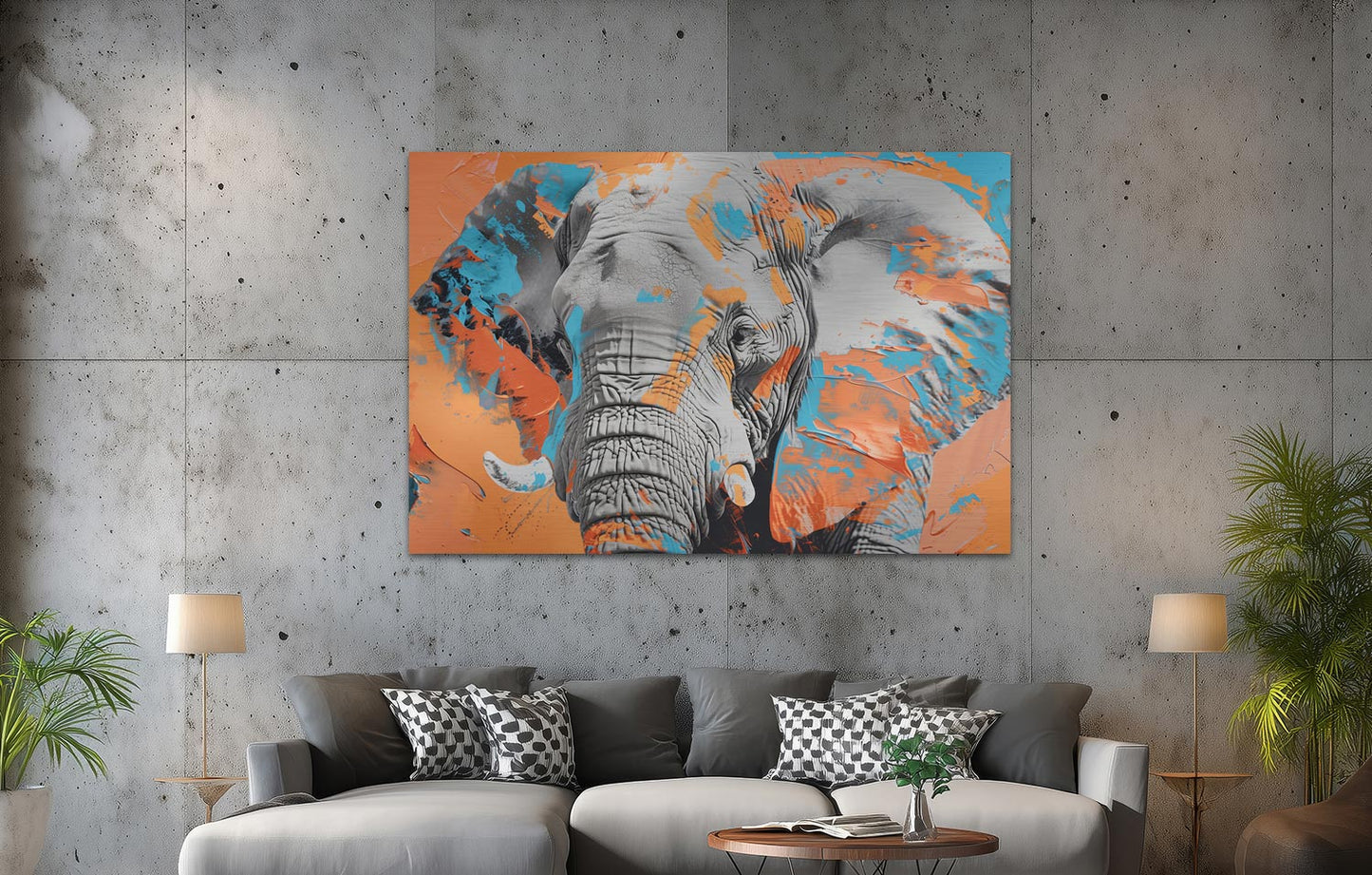 Elefant in Blau und Orange