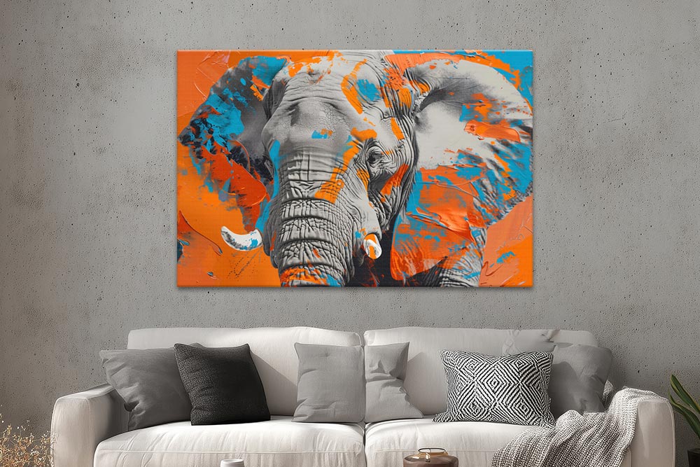 Elefant in Blau und Orange