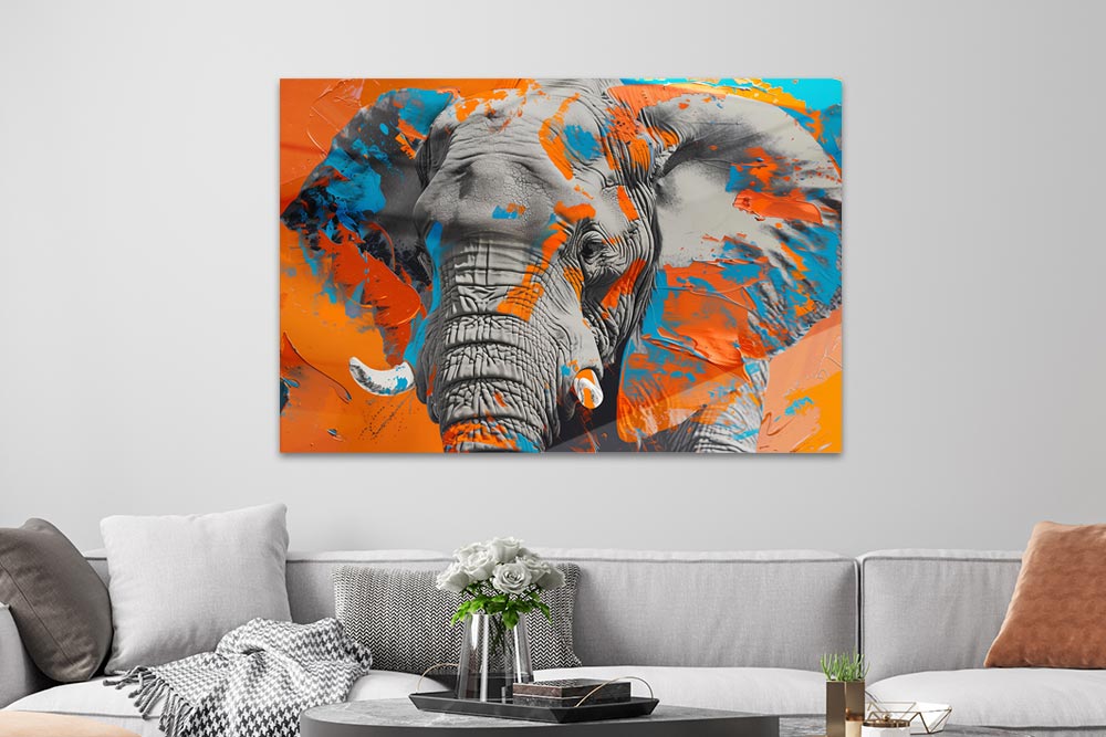 Elefant in Blau und Orange