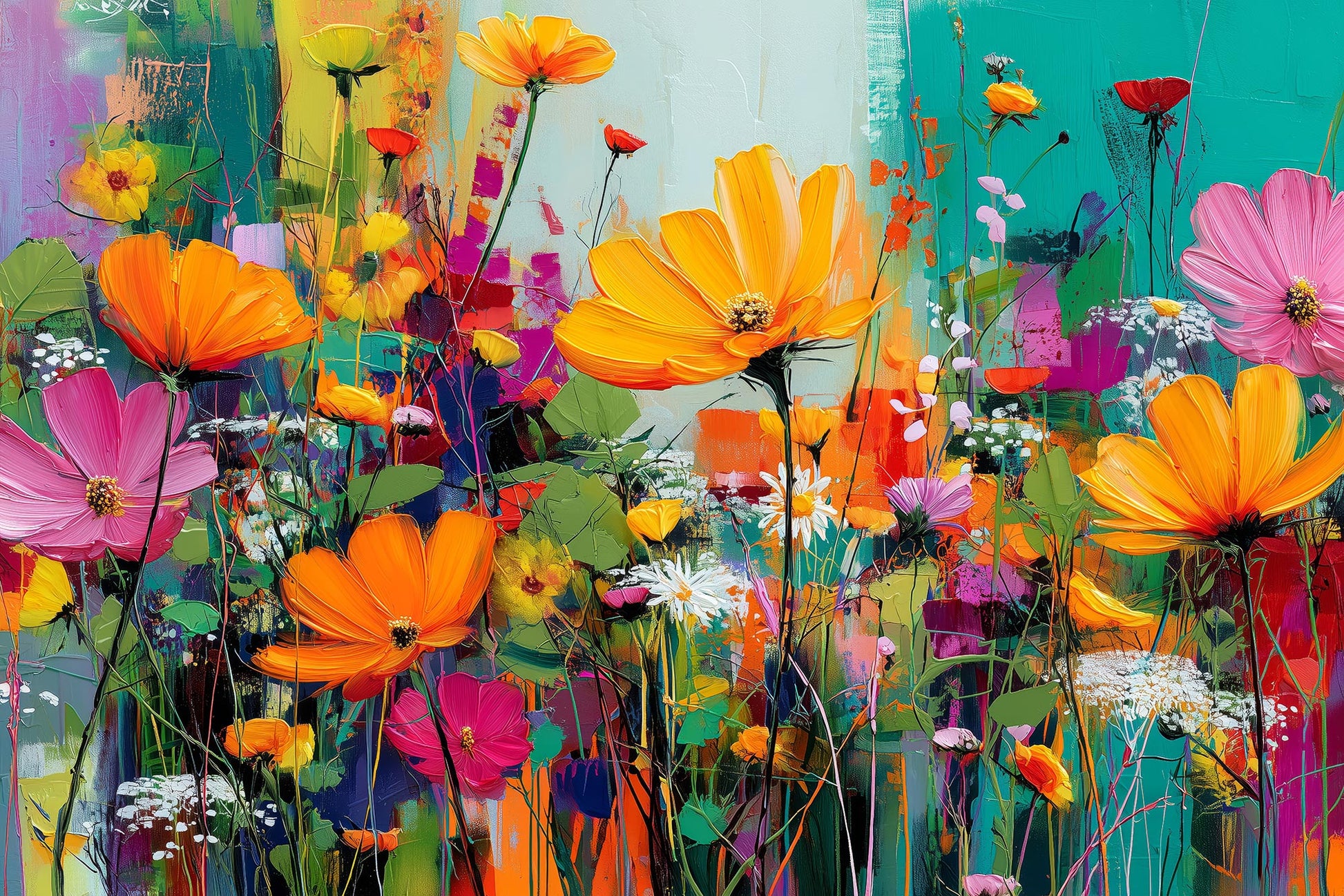 Modernes farbenfrohes Blumenwiesen-Gemälde als hochwertiger Kunstdruck auf Leinwand, Alu-Dibond oder hinter Acrylglas kaufen. 