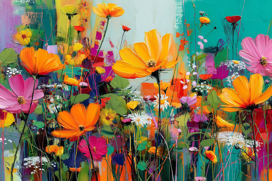 Modernes farbenfrohes Blumenwiesen-Gemälde als hochwertiger Kunstdruck auf Leinwand, Alu-Dibond oder hinter Acrylglas kaufen. 