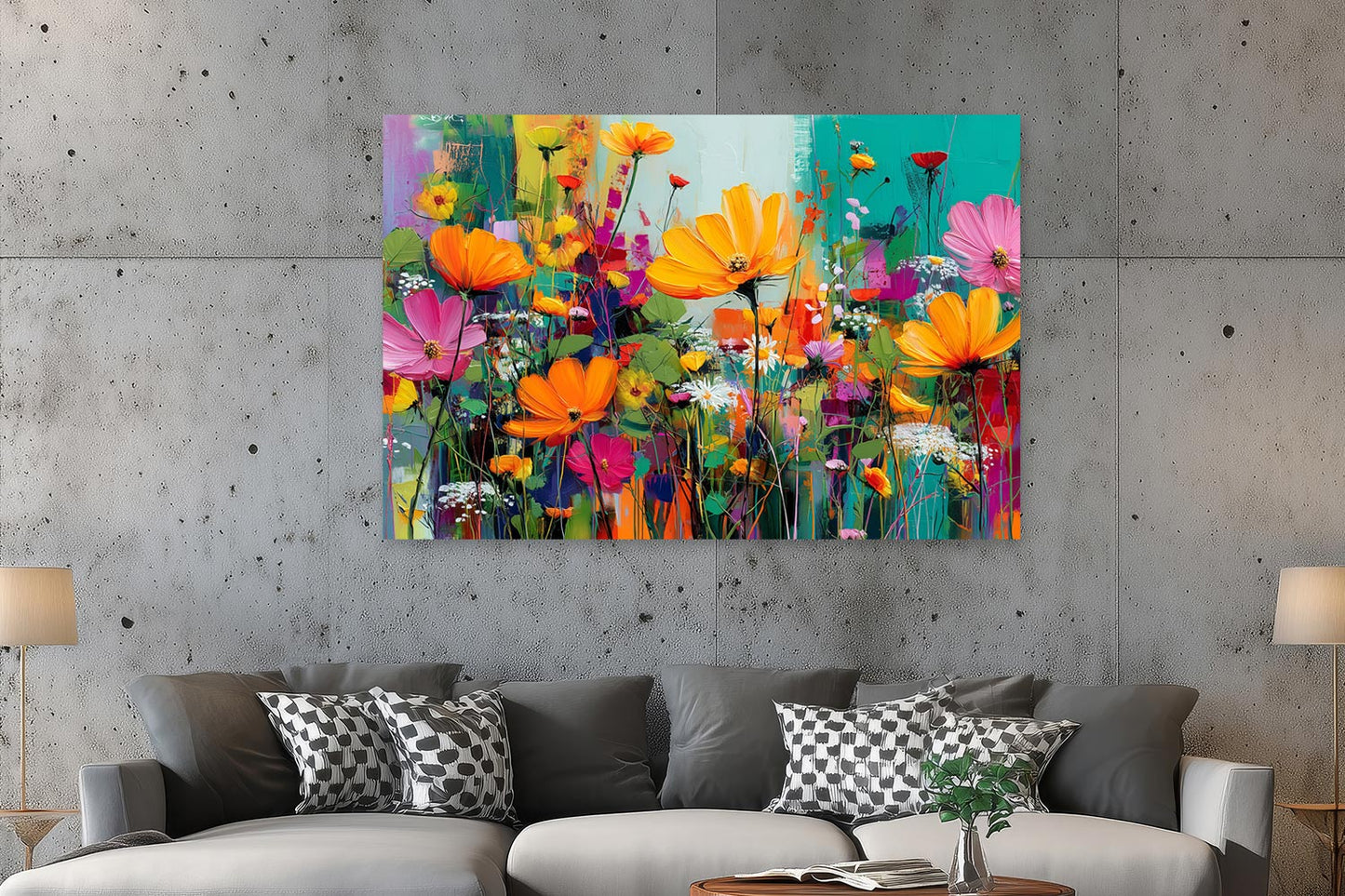 Farbenfrohes Gemälde einer Blumenwiese