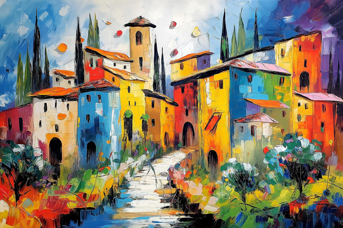Modernes farbenfrohes Gemälde einer typischen kleinen Stadt in der Toskana als hochwertiger Kunstdruck. Erhältlich als Wandbild auf Leinwand, Alu-Dibond, hinter Acrylglas oder als Poster.