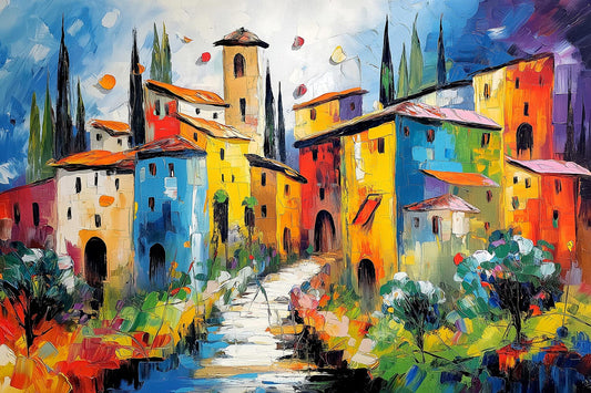 Modernes farbenfrohes Gemälde einer typischen kleinen Stadt in der Toskana als hochwertiger Kunstdruck. Erhältlich als Wandbild auf Leinwand, Alu-Dibond, hinter Acrylglas oder als Poster.