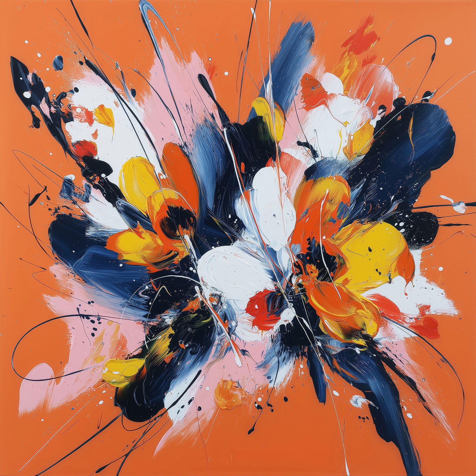 Modernes abstraktes Wandbild im Stil eines Gemäldes mit vielen bunten Farbspritzern und vielen Orangetönen.  Jetzt als hochwertiger Kunstdruck auf Leinwand, Alu-Dibond oder hinter Acrylglas. Versandkostenfreie Lieferung innerhalb Deutschlands.