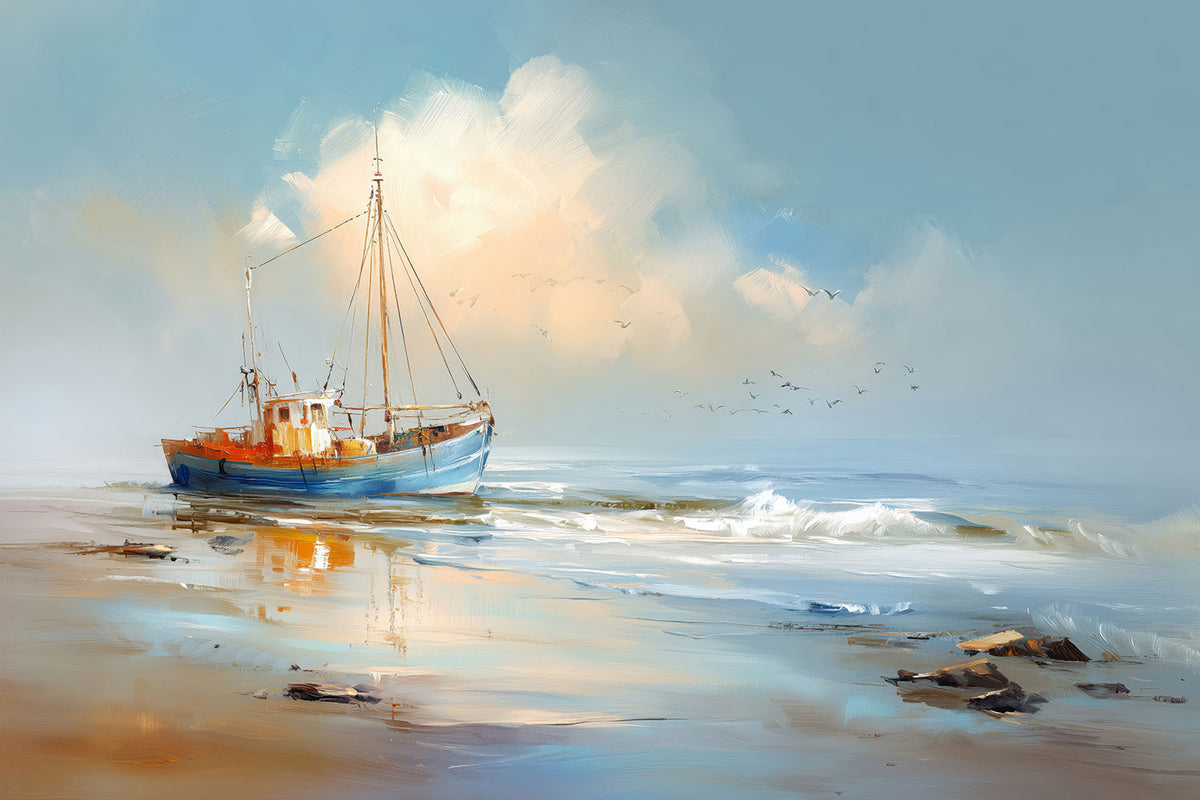 Fischerboot-Gemälde als Kunstdruck. Jetzt bestellen als Poster oder Wandbild, z.B. auf Leinwand, Alu-Dibond oder hinter Acrylglas. 