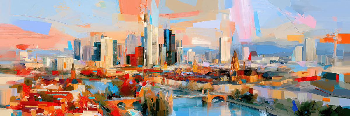 Eine abstrakte Interpretation der Frankfurter Skyline. Die charakteristischen Formen der Bankentürme und des Doms lösen sich in flächigen Farbblöcken auf, bleiben aber als ikonische Kulisse von Mainhattan sofort erkennbar.