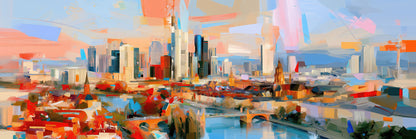 Eine abstrakte Interpretation der Frankfurter Skyline. Die charakteristischen Formen der Bankentürme und des Doms lösen sich in flächigen Farbblöcken auf, bleiben aber als ikonische Kulisse von Mainhattan sofort erkennbar.