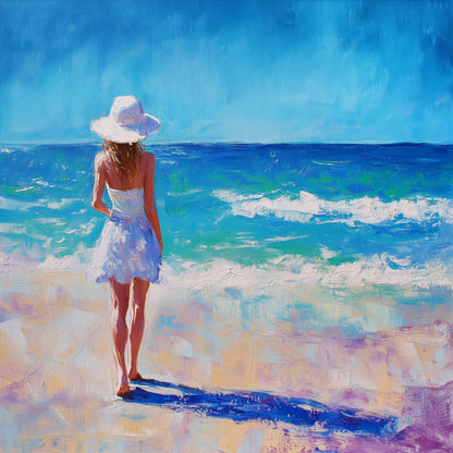 Modernes impressionistisches Gemälde einer Frau in weißem Kleid und Sonnenhut am Sandstrand vor blauem Meer - Kunstdruck als Wandbild auf Leinwand, hinter Acrylglas, auf Alu-Dibond oder als Poster