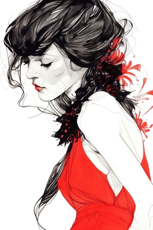 Frau in rotem Kleid - Illustration als Kunstdruck auf Leinwand, Alu-Dibond, hinter Acrylglas oder als Poster. 
