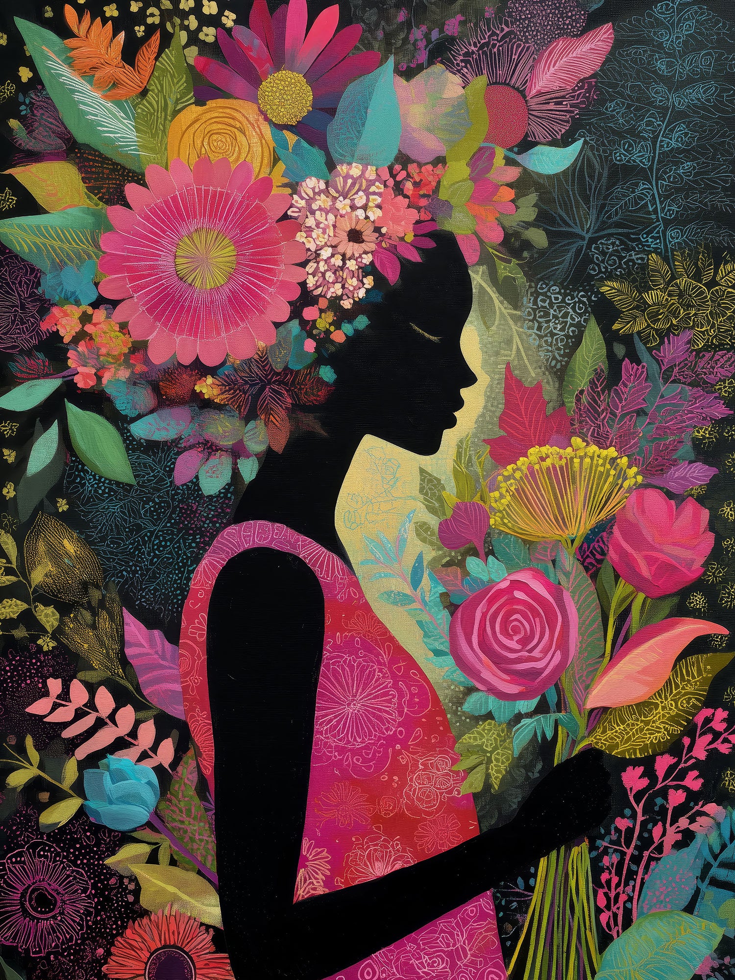 Modernes illustratives Gemälde einer Frau mit vielen floralen Elementen als Kunstdruck auf Leinwand, Alu-Dibond oder hinter Acrylglas.