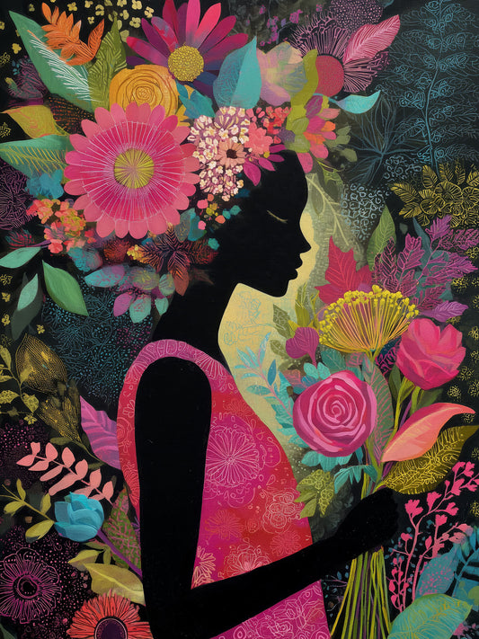 Modernes illustratives Gemälde einer Frau mit vielen floralen Elementen als Kunstdruck auf Leinwand, Alu-Dibond oder hinter Acrylglas.