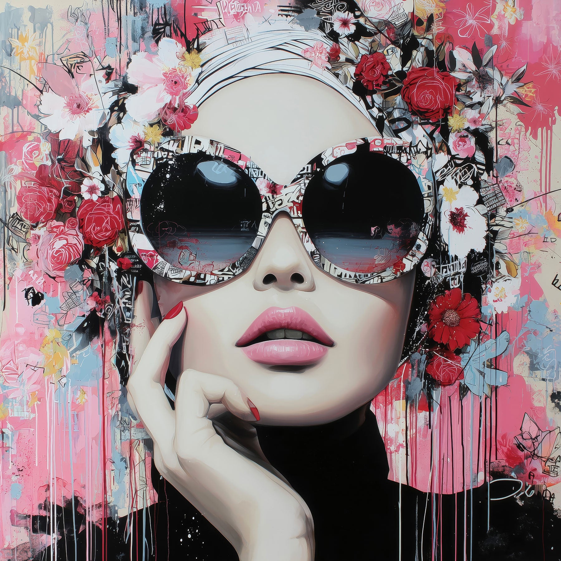 Modernes florales Frauen-Porträt im Fashion Look als hochwertiger Kunstdruck auf Leinwand, Alu-Dibond, Acrylglas.