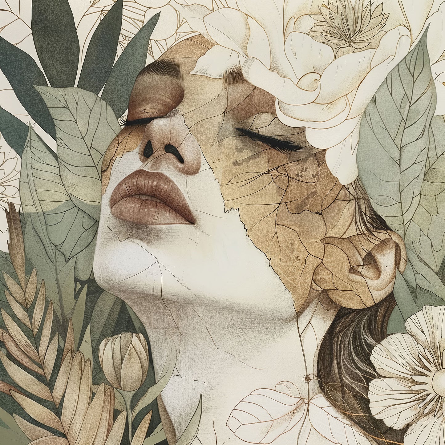 Moderne florale Illustration eines Frauengesichts als Wandbild auf Leinwand, hinter Acrylglas oder auf Alu-Dibond