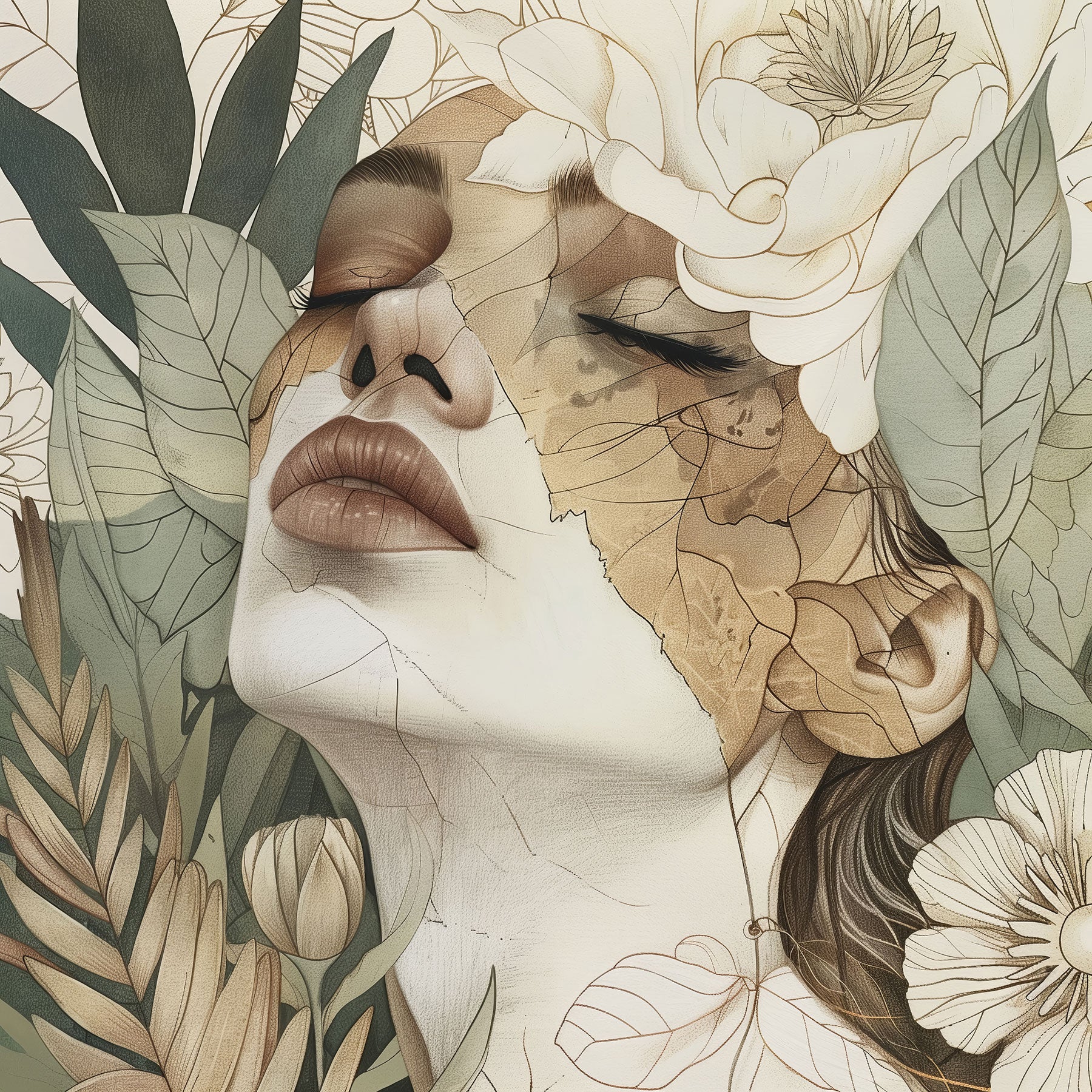 Moderne florale Illustration eines Frauengesichts als Wandbild auf Leinwand, hinter Acrylglas oder auf Alu-Dibond