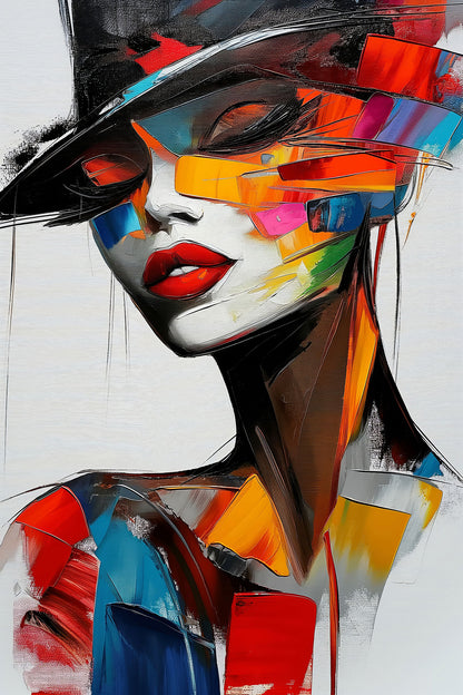 Modernes Pop-Art Frauen-Porträt mit Hut und roten Lippen als ausdrucksstarker Galerie-Kunstdruck online kaufen.