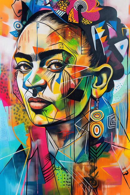 Modernes farbenfrohes Frida Pop Art Gemälde als Kunstdruck auf Leinwand, Acrylglas, Alu-Dibond.