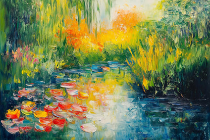 Impressionistisches Garten-Teich-Gemälde im Stil von Claude Monet. Als hochwertiger Kunstdruck auf Leinwand, hinter Acrylglas oder auf Alu-Dibond bestellen.
