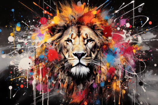 Löwen Kopf Motiv im Stil eines expressionistischen Pop-Art Gemäldes als hochwertiger Kunstdruck auf Leinwand, Alu-Dibond oder hinter Acrylglas online kaufen.
