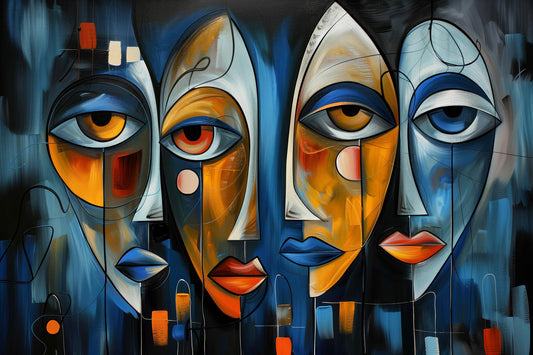 Abstraktes Kunstwerk mit Gesichtern im kubistischen Stil in Blau und Goldtönen – Modernes Gemälde, Wandbild Kunstdruck