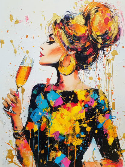 Champagner Lady Motiv im Stil eines expressionistischen Pop-Art Gemäldes als hochwertiger Kunstdruck auf Leinwand, Alu-Dibond oder hinter Acrylglas online kaufen.