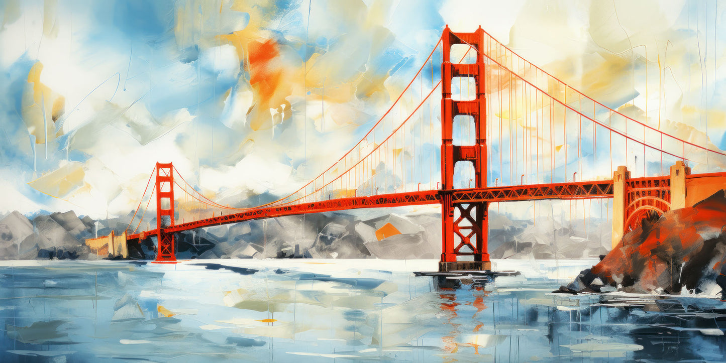 Modernes Golden-Gate Bridge Gemälde als hochwertiger Kunstdruck auf Leinwand, Alu-Dibond oder hinter Acrylglas.  Bestelle diesers San Francisco Motiv als Wandbild oder Poster.