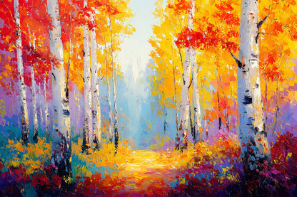 Ein leuchtender Herbstwald im Stil eines modernen Gemäldes als hochwertiger Kunstdruck auf Leinwand, Alu-Dibond oder hinter Acrylglas.