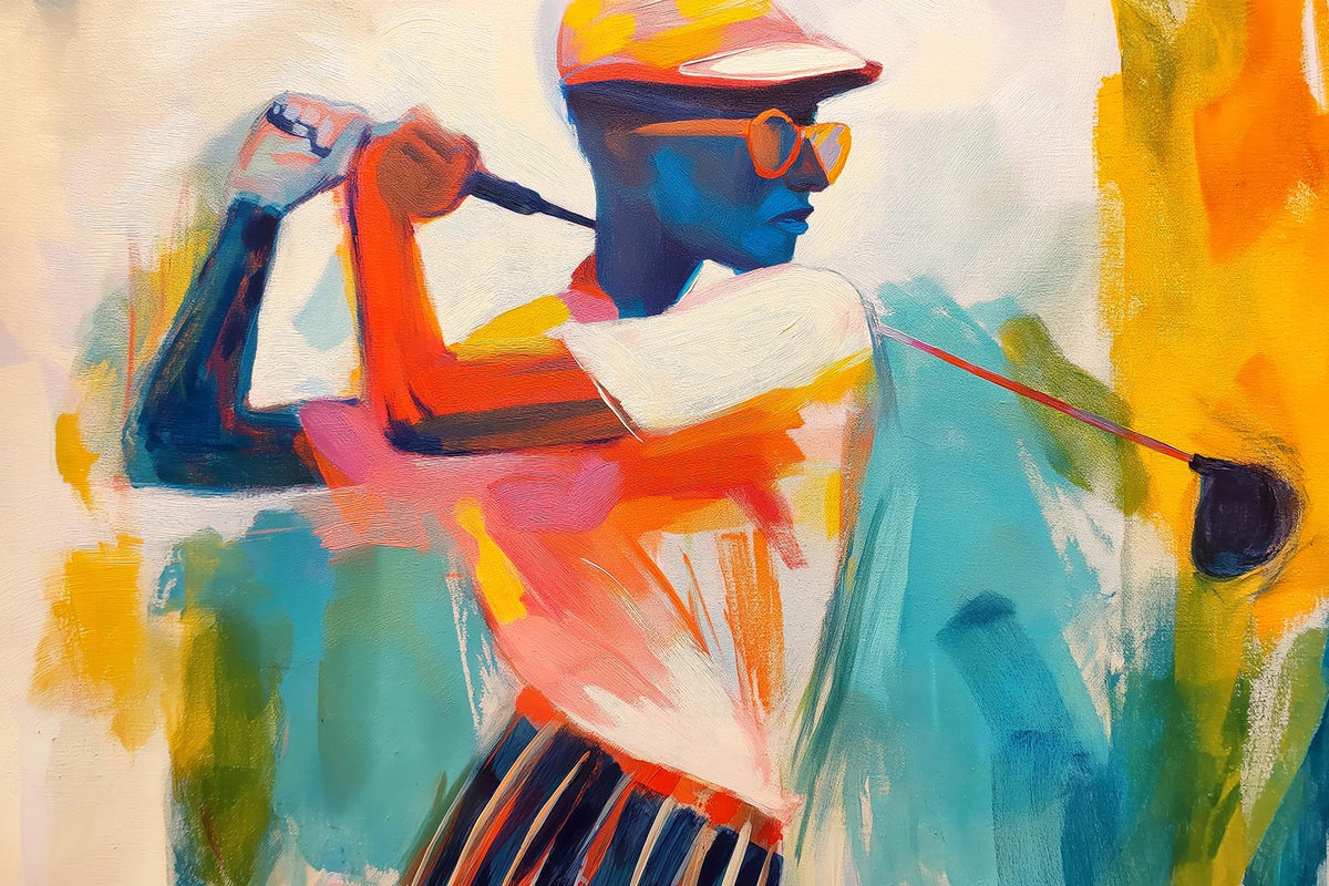 Modernes abstraktes Gemälde eines Golfspielers als hochwertiger Kunstdruck. Erhältlich als Wandbild auf Leinwand, Alu-Dibond, hinter Acrylglas oder als Poster.