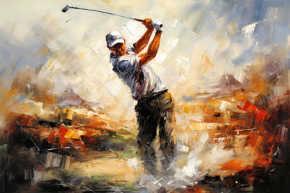 Dynamisches Golf-Kunstwerk mit einem Golfer beim Abschlag im modernen, ausdrucksstarken Malstil als hochwertiger Kunstdruck online kaufen.