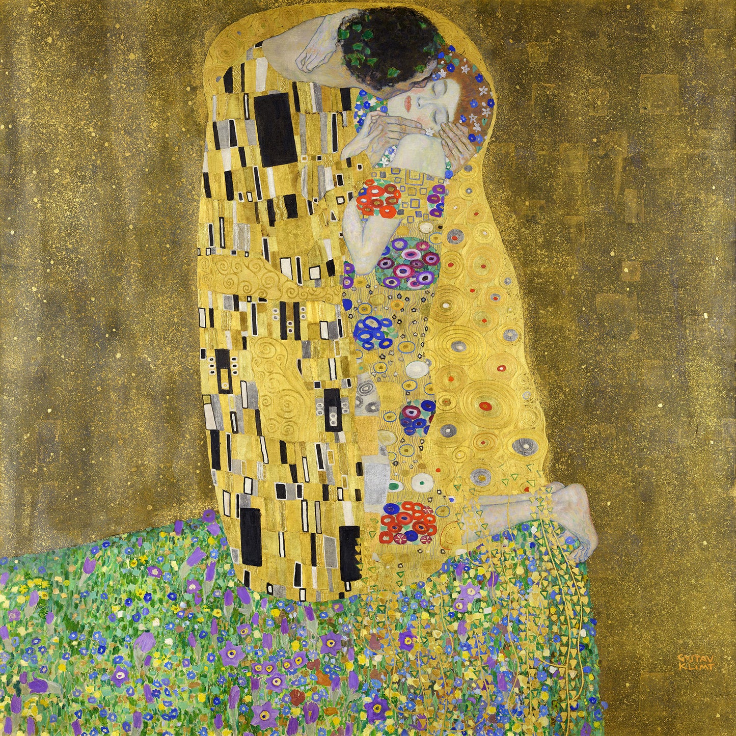 Gustav Klimts "Der Kuss" als hochwertiges Kunstdruck-Wandbild auf Leinwand, Alu-Dibond oder hinter Acrylglas online kaufen.
