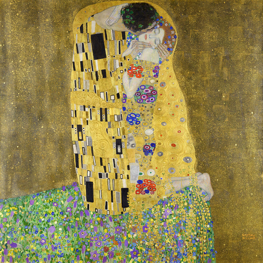Gustav Klimts "Der Kuss" als hochwertiges Kunstdruck-Wandbild auf Leinwand, Alu-Dibond oder hinter Acrylglas online kaufen.