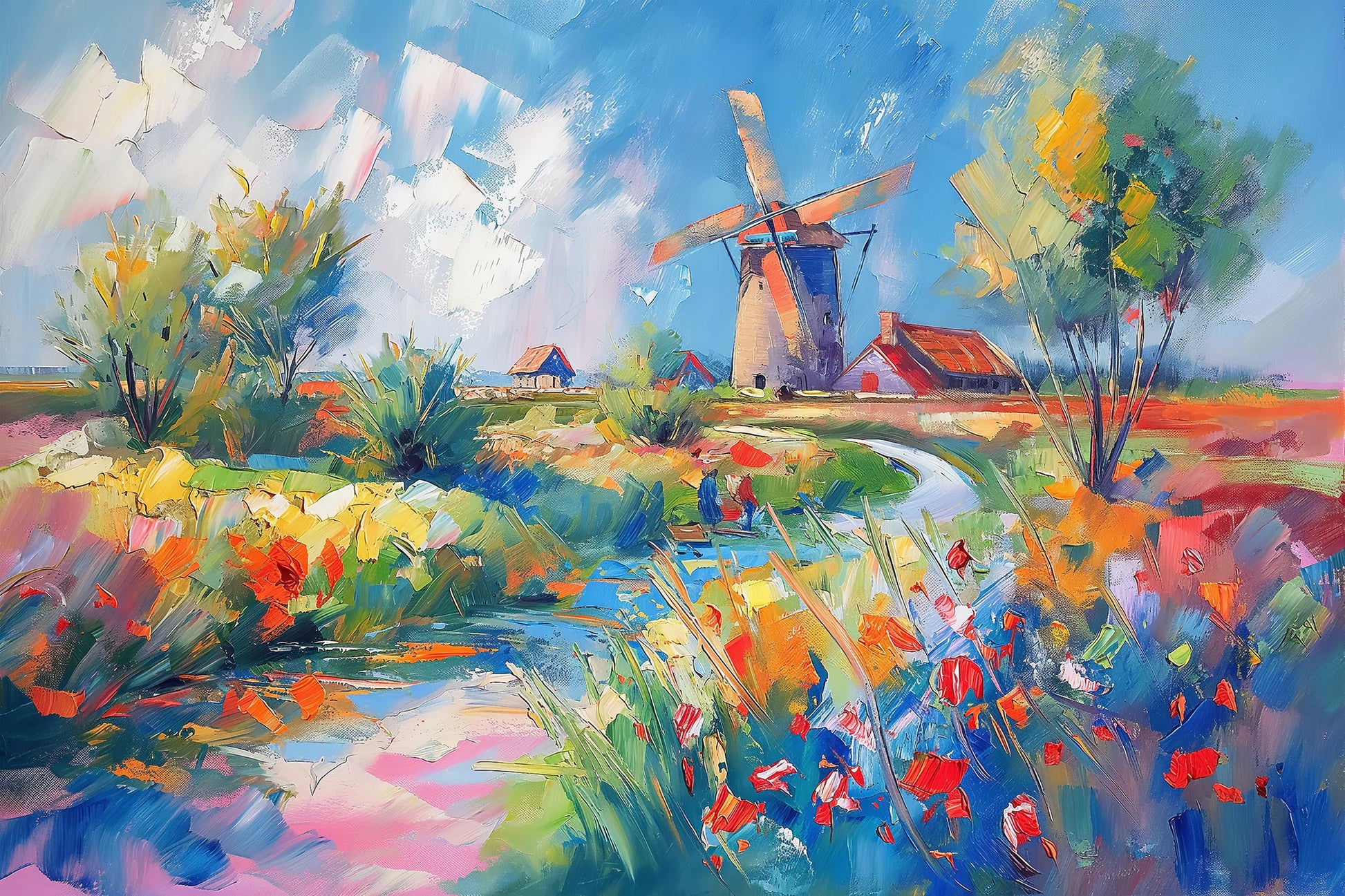 Tulpenfeld Landschaftsgemälde mit Windmühle. Jetzt bestellen als hochwertiges Wandbild auf Leinwand, Alu-Dibond oder hinter Acrylglas. 