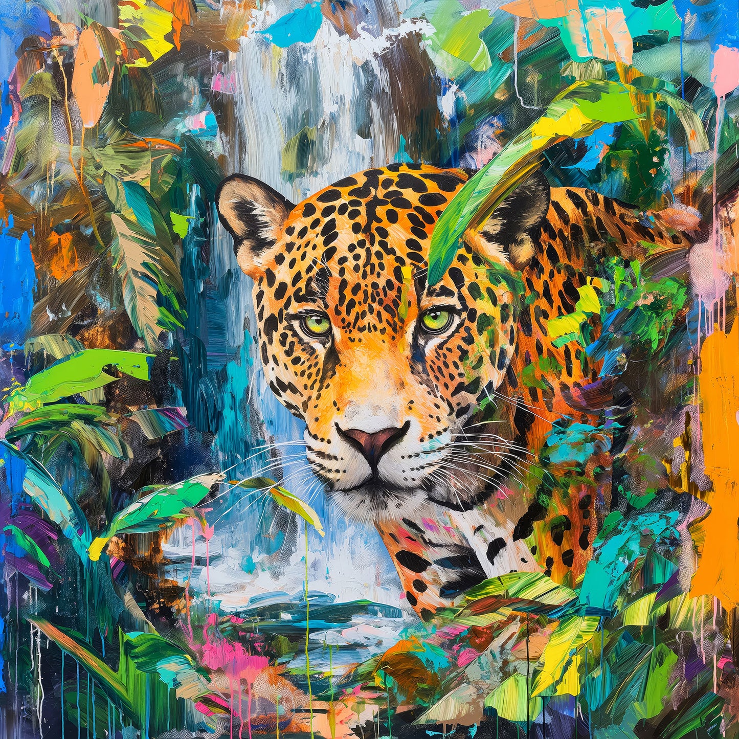 Modernes  Gemälde eines Jaguars im Dschungel als hochwertiger Kunstdruck auf Leinwand, Alu-Dibond oder hinter Acrylglas.