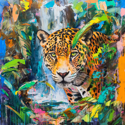 Modernes  Gemälde eines Jaguars im Dschungel als hochwertiger Kunstdruck auf Leinwand, Alu-Dibond oder hinter Acrylglas.